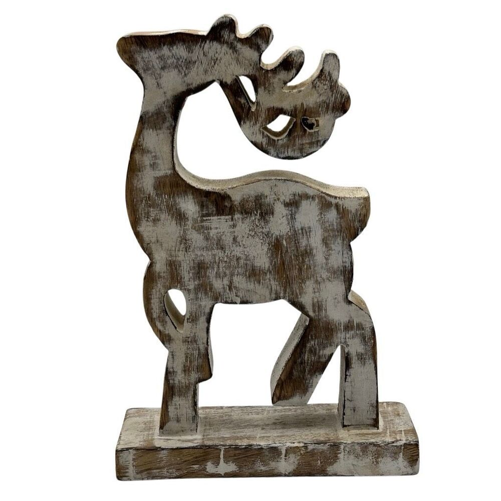Hand‎ Carved & Distress Painted Wooden Reindeer White/Brown